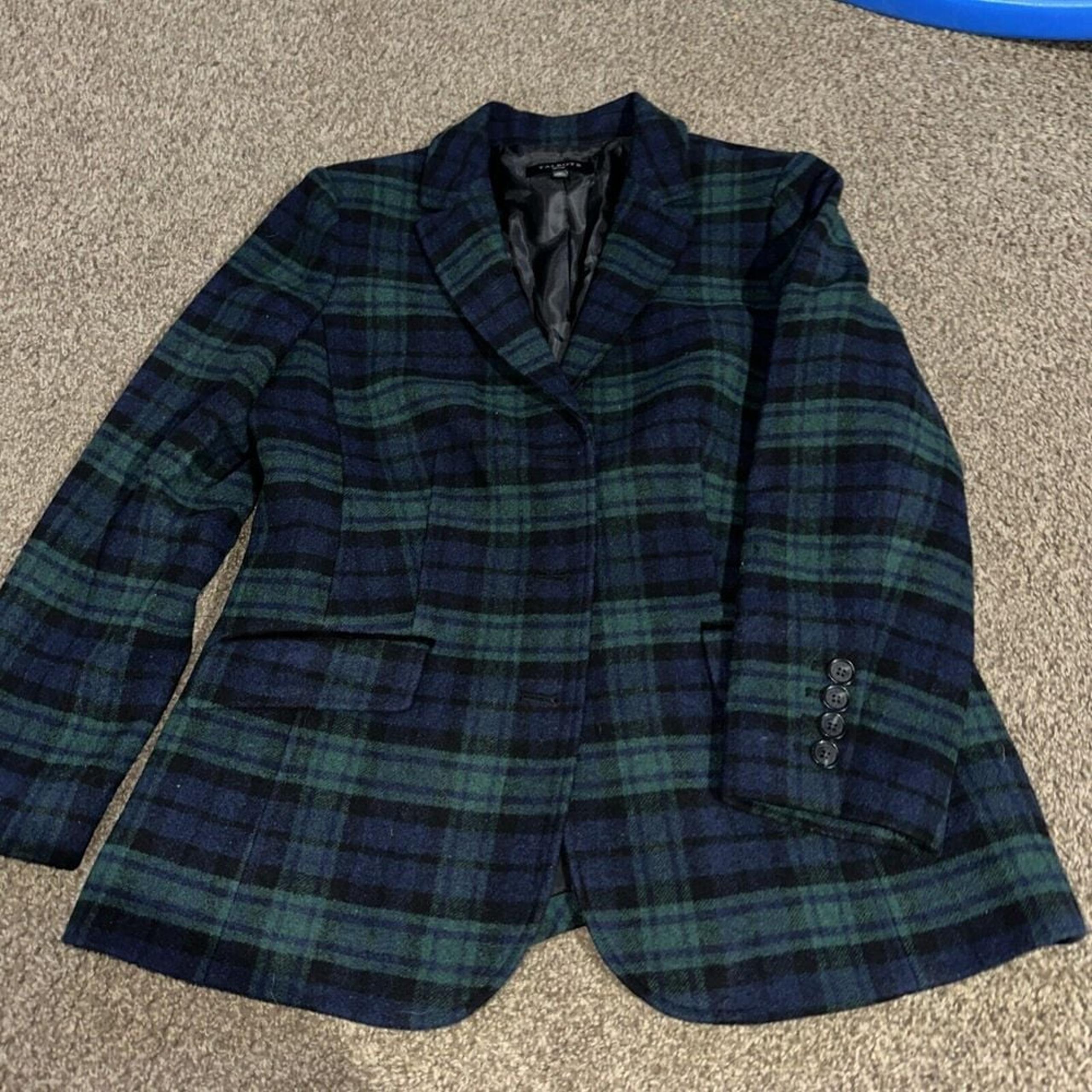 Talbots Coat Women 14P Petite Green Blue Plaid Wool Blend Peacoat Collared