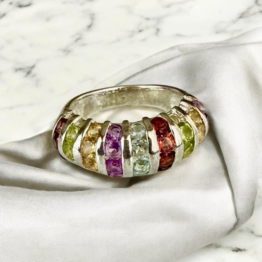Unique Designer Sterling silver, Semi Precious Stones, Band, Modern, Size 8