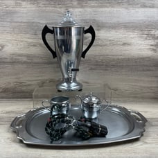 La Belle Silver Co. Percolator Fire King Top with Sugar & Creamer & Plate Set