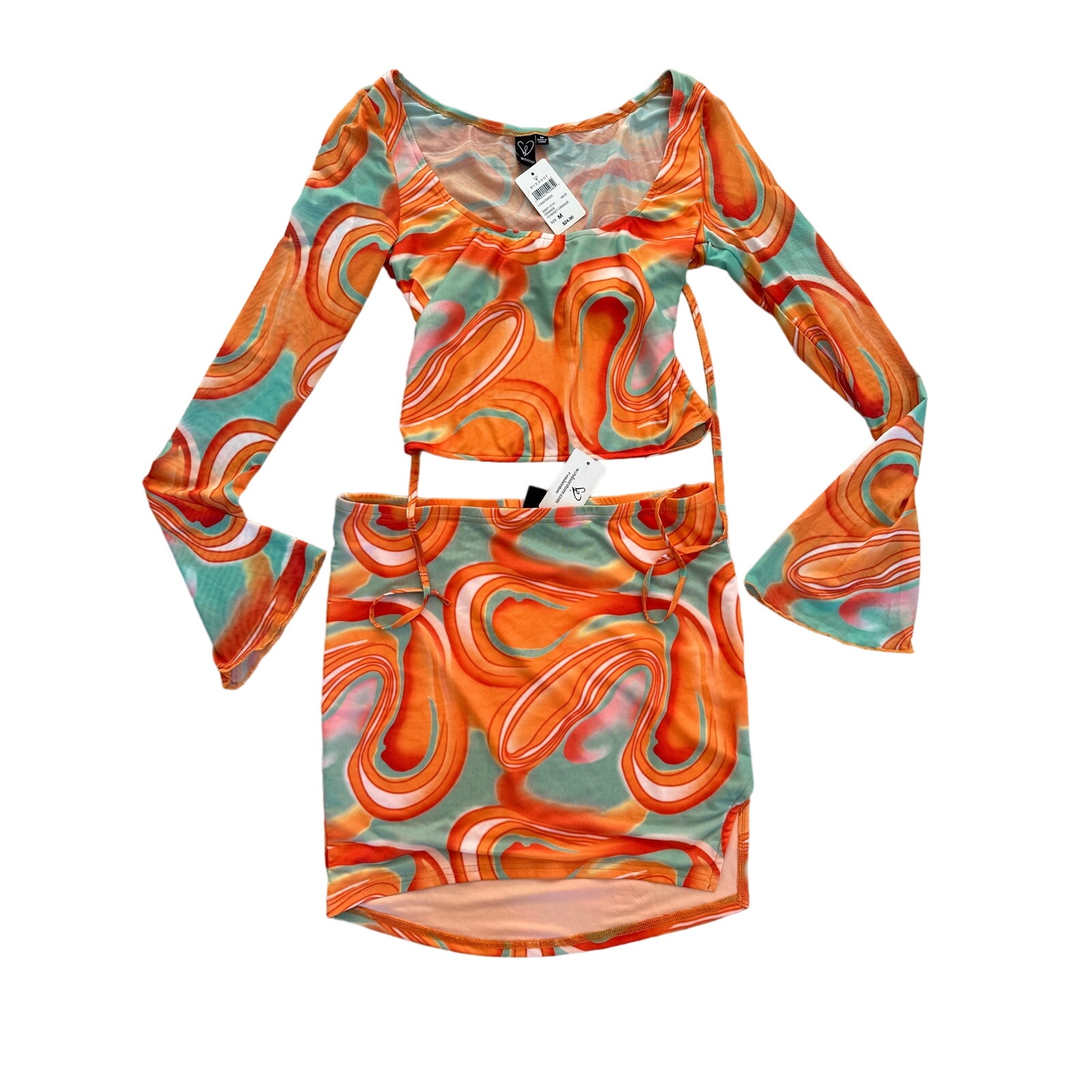Windsor - Funky Fresh Swirl Mesh Crop Top & Mini Skirt in Orange & Teal