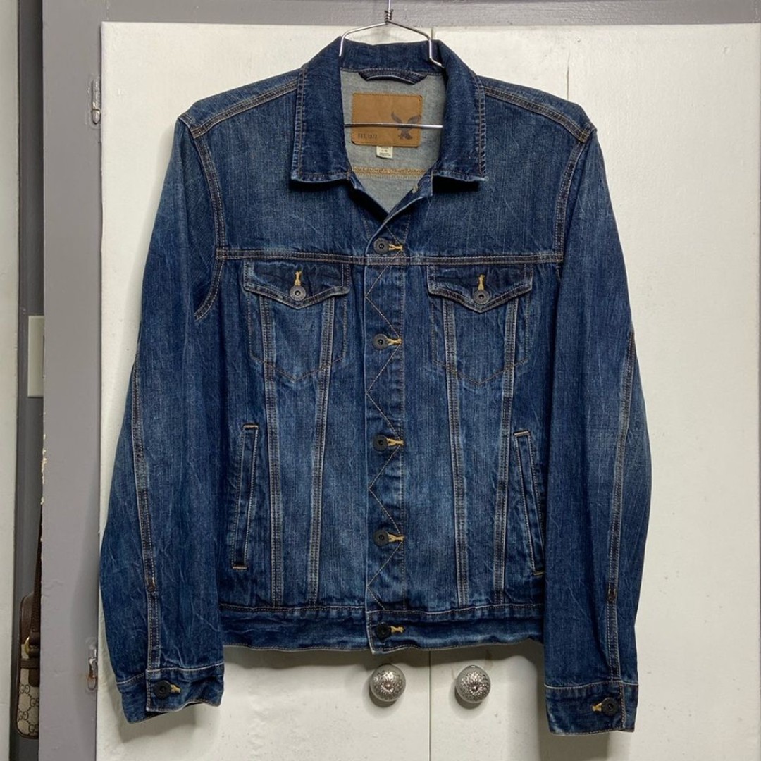 American Eagle Outfitters Mens Denim Dark Blue Trucker Jean Jacket size Large