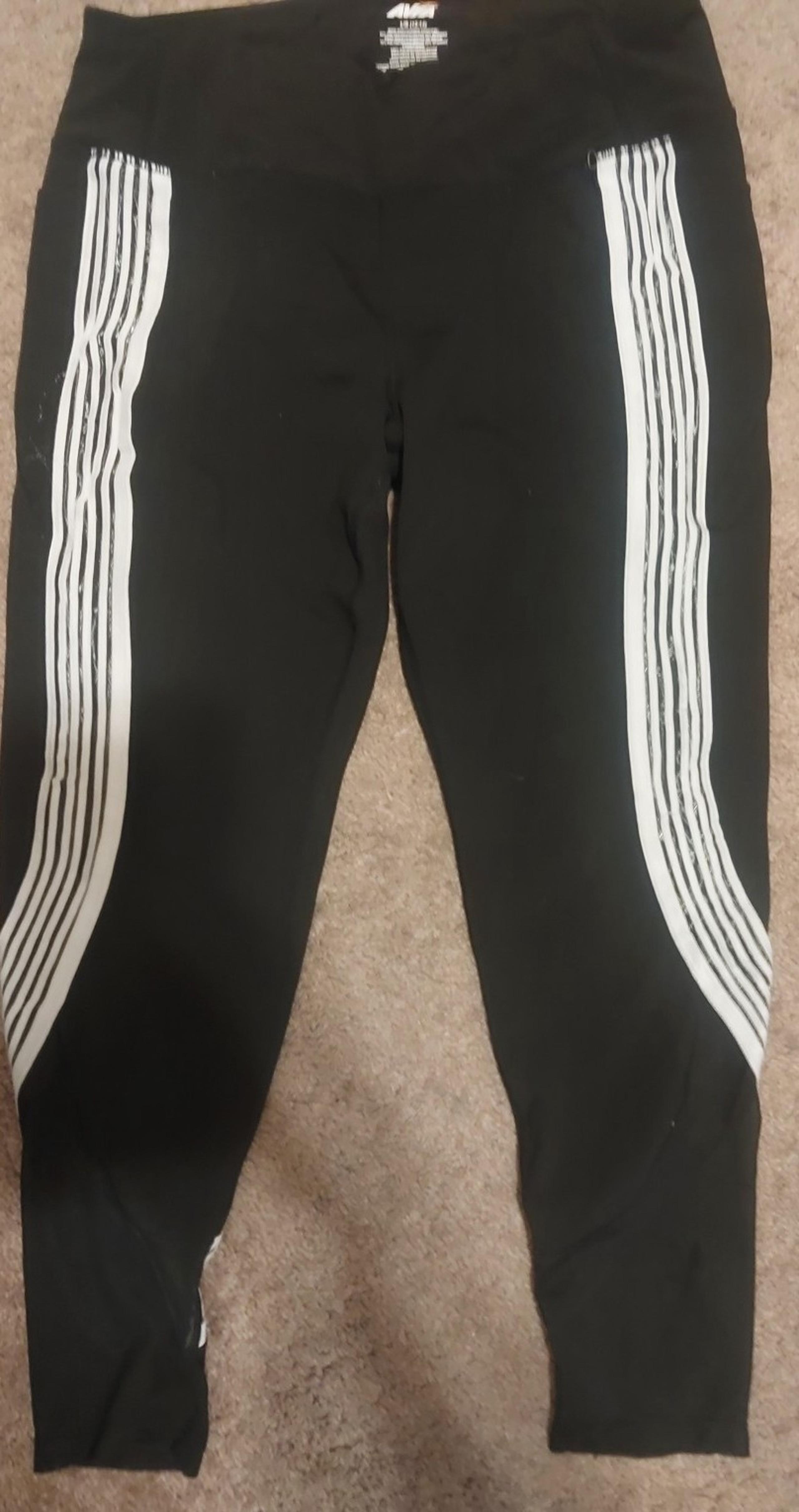 Avia L Women's Black w White Stripes, Sheer Areas, Capri Length Fitted Leggings
