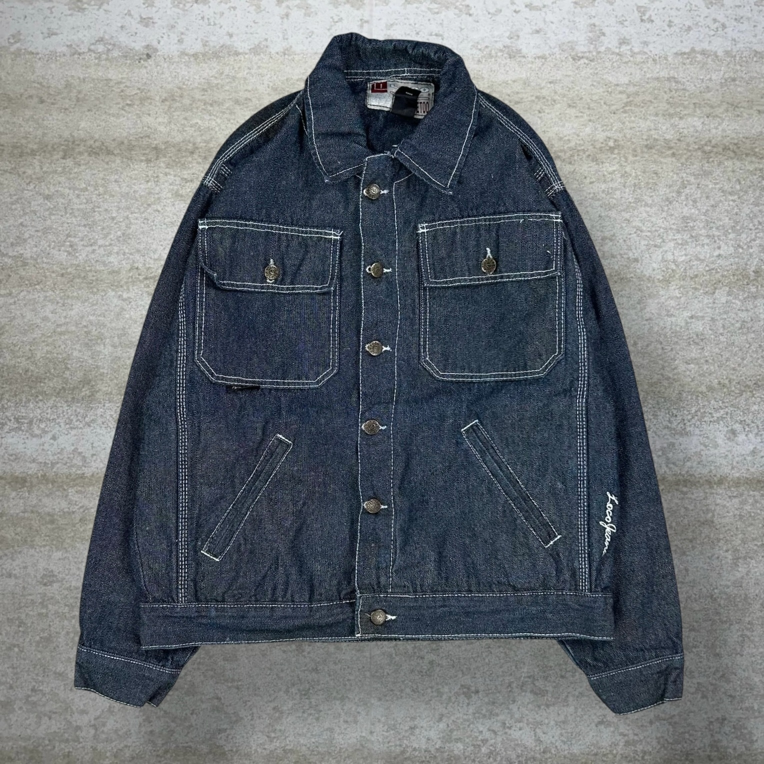 Vintage Skater Loco Jean Jacket Dark Wash Denim Button Up Y2K