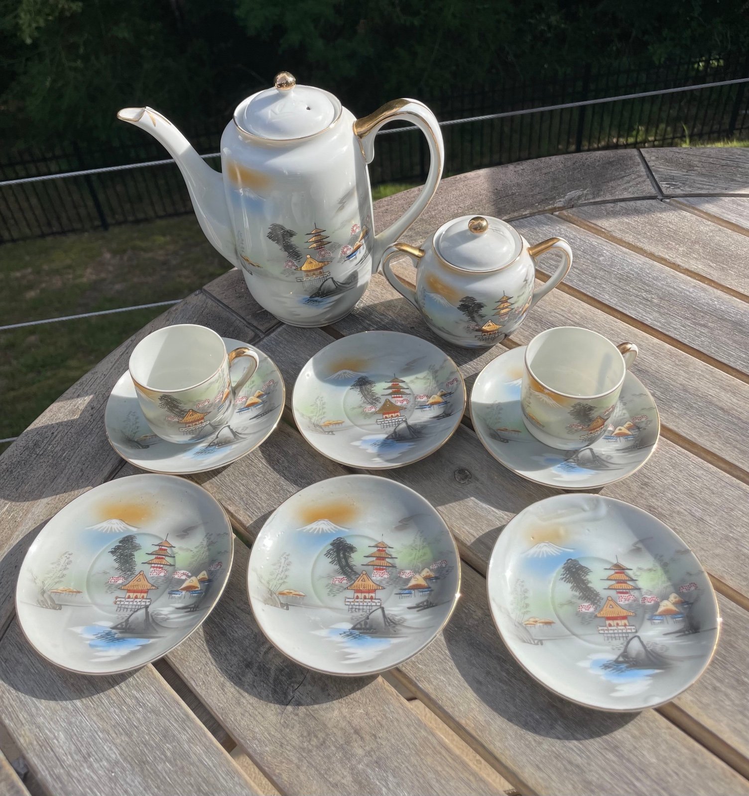 VTG Kutani Hayasi China Geisha Lithopane Porcelain Fuji Pagoda Teapot set