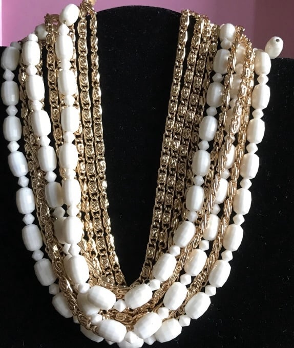 Vintage Western Germany Milky Glass And Gold Tone Multi Strand Chocker Necklace