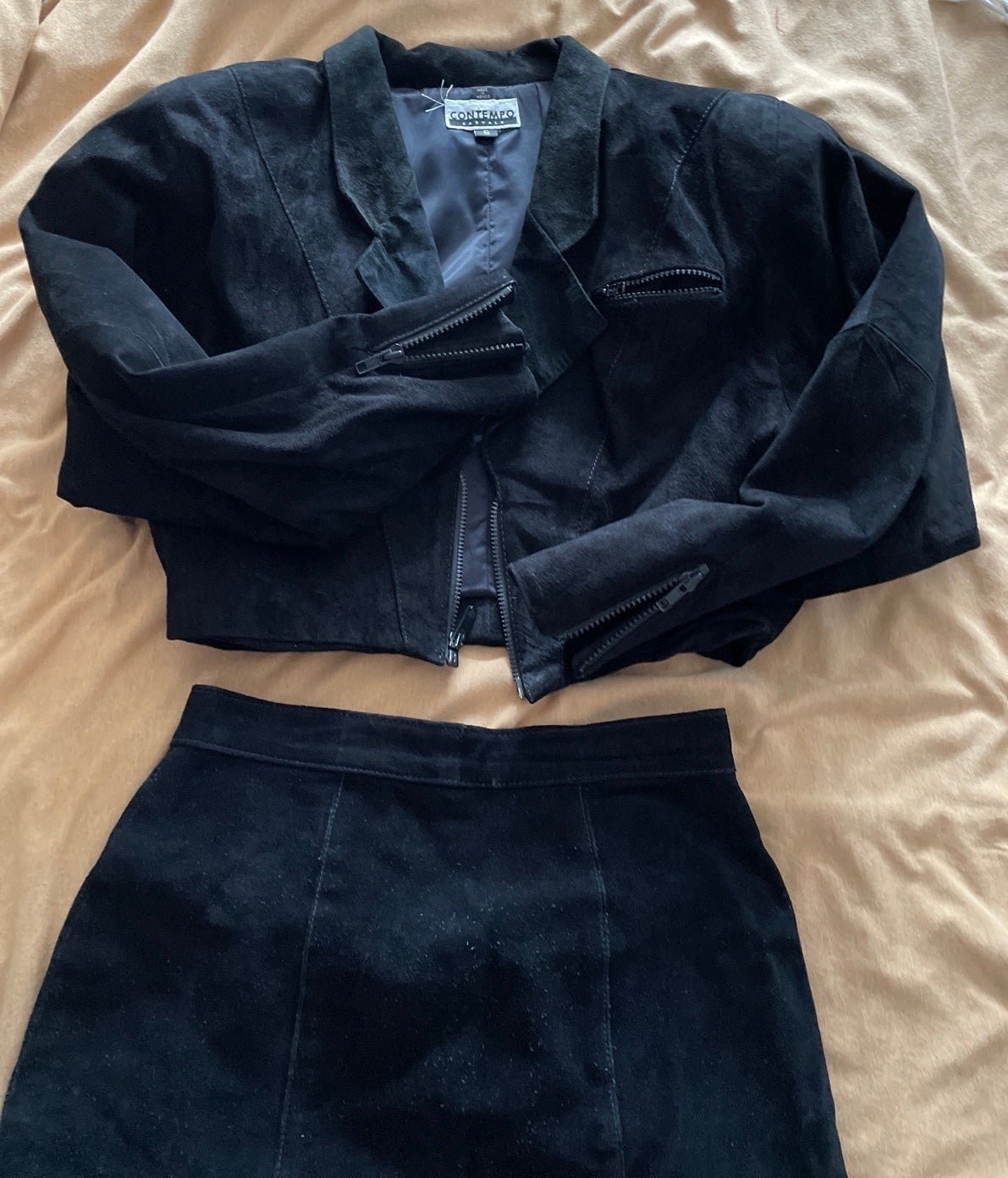 Vintage Genuine Leather suede Crop Jacket & Skirt set