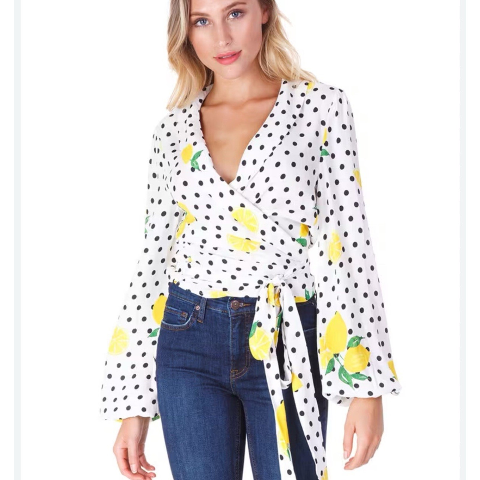 Lovers + Friends Mikayla Lemon Polka Dot Balloon Sleeve Wrap Blouse SZ S