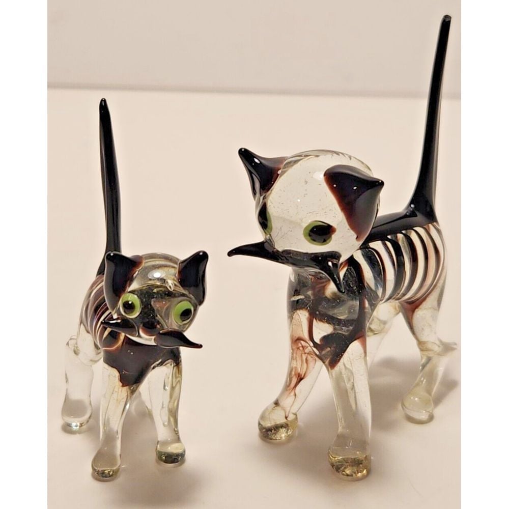 Pair Vintage Bimini Lauscha German Art Glass Cat & Kitten Clear w/Black Stripes