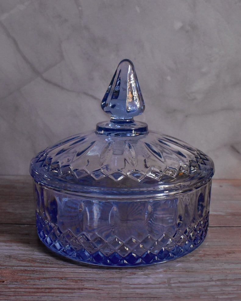 Vintage MCM ‘60s blue Indiana Glass Co. princess candy dish with lid