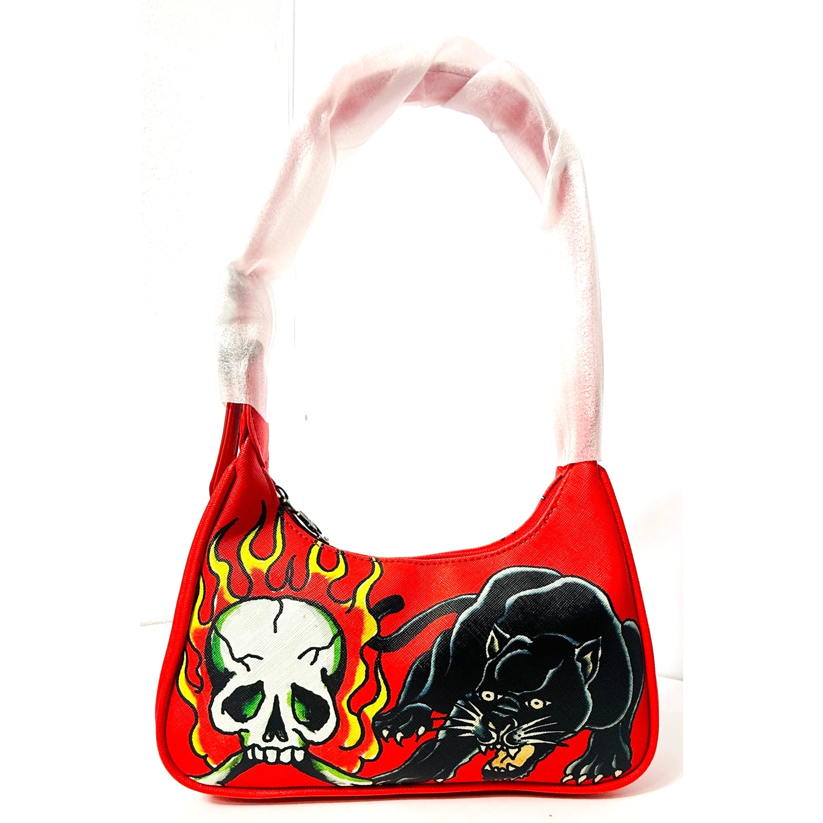 Ed Hardy Red Shoulder Bag with Skull and Panther Design NEW W/ Dust Bag