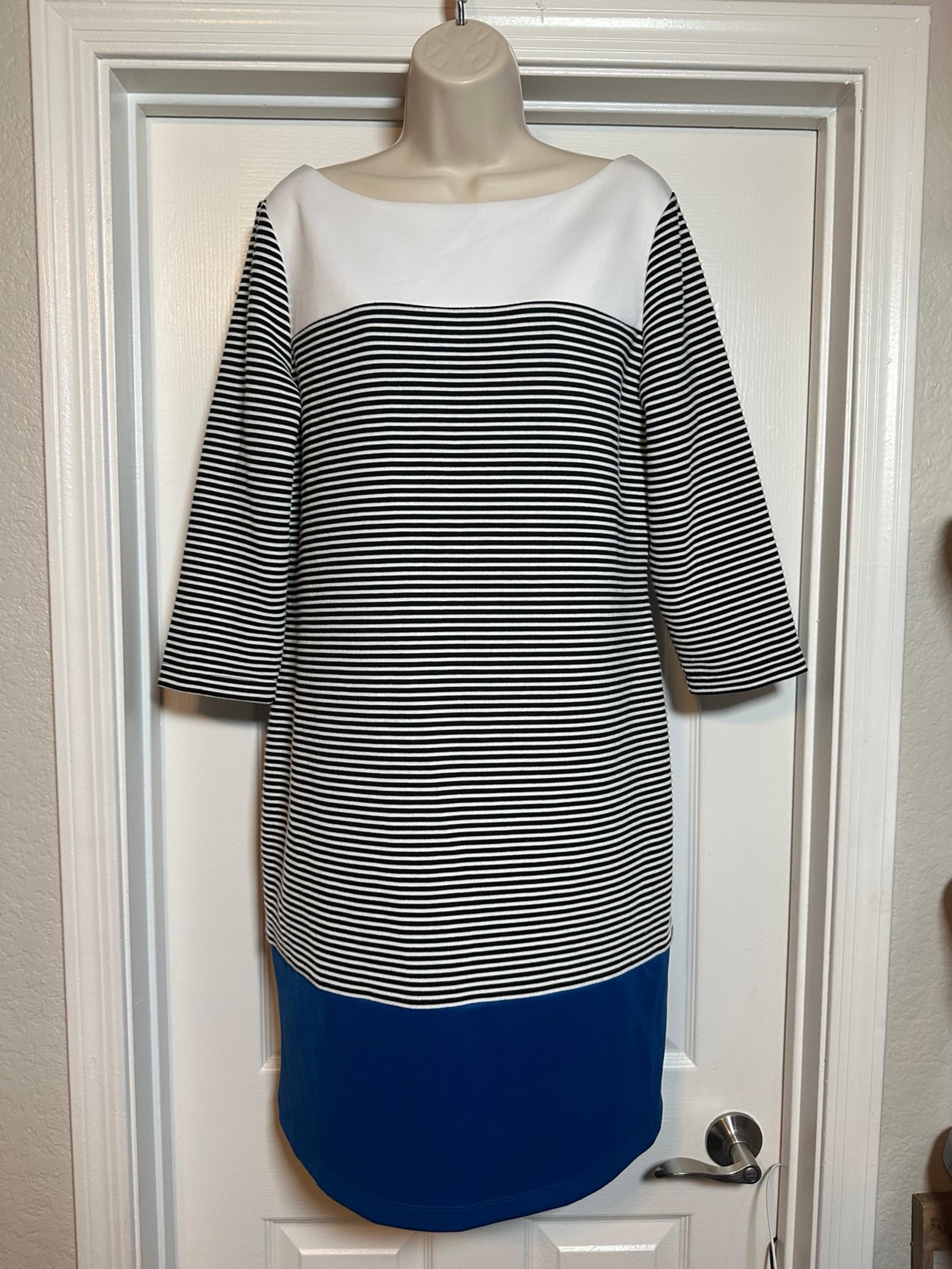 Isaac Mizrahi 3/4 Sleeve Striped White & Blue Tunic Knee Length Modest Dress