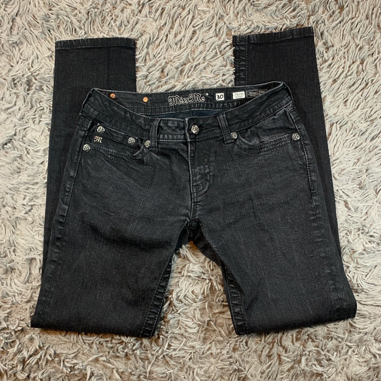 Vintage Y2K Miss Me black Fleur De Lis pocket skinny jeans sz 30