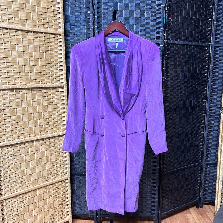 Tahari Womens Vintage Jacket Dress Size 8 Purple Silk Double Breasted