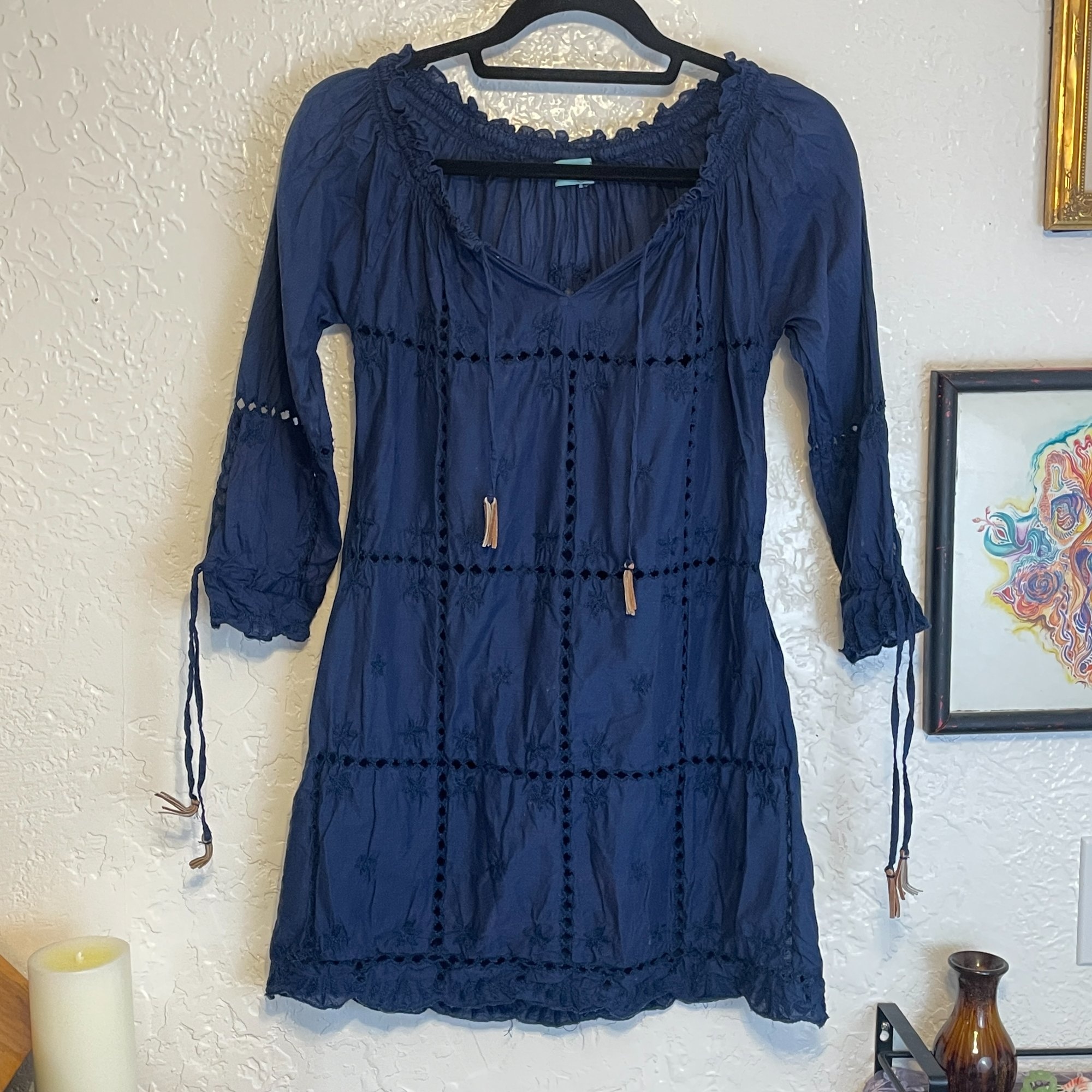 Letarte Hand Made {S} Dark Blue Eyelet Swim Coverup Dress