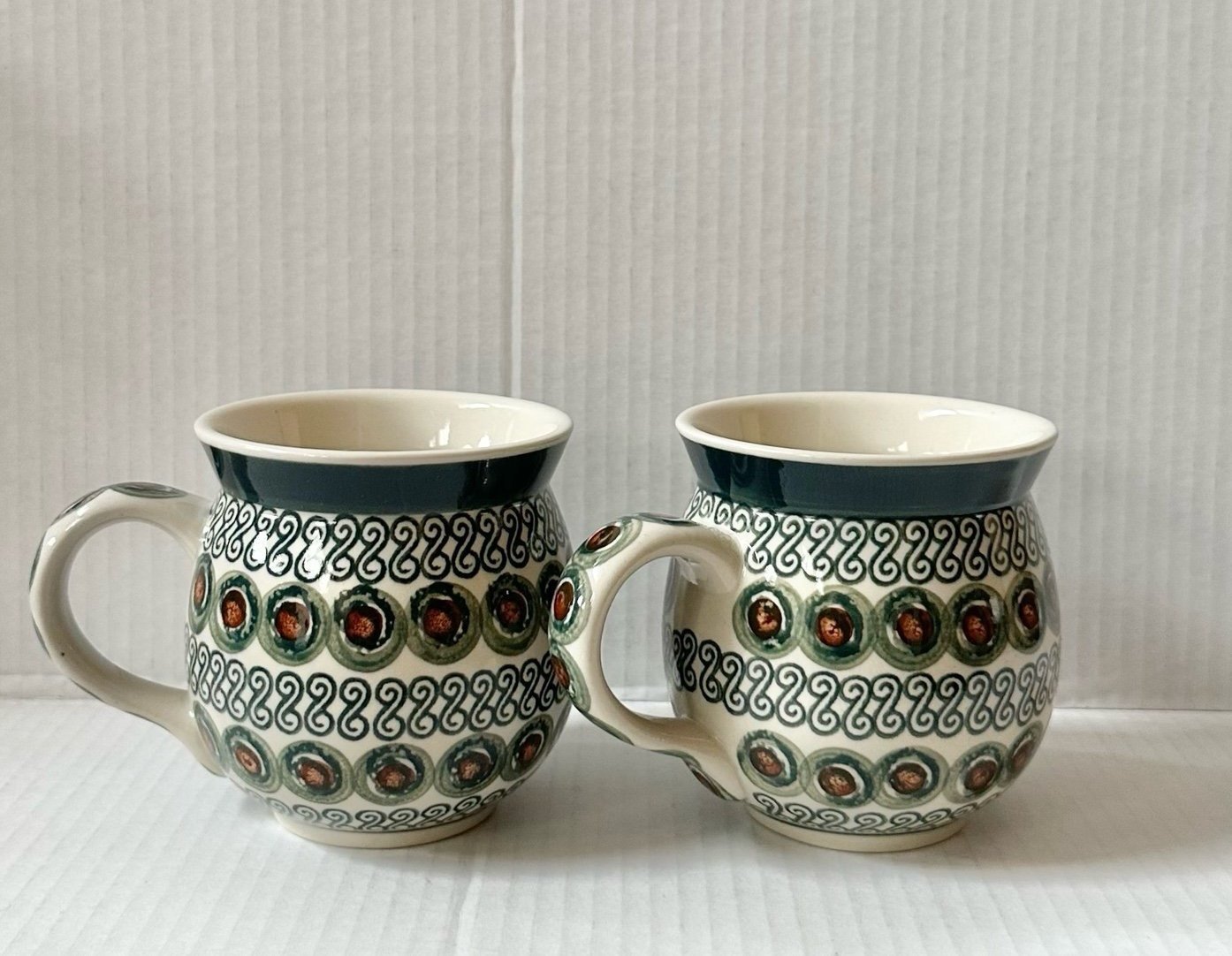 Pair of Handmade Polish Pottery Peacock Eye Design Bubble Mugs