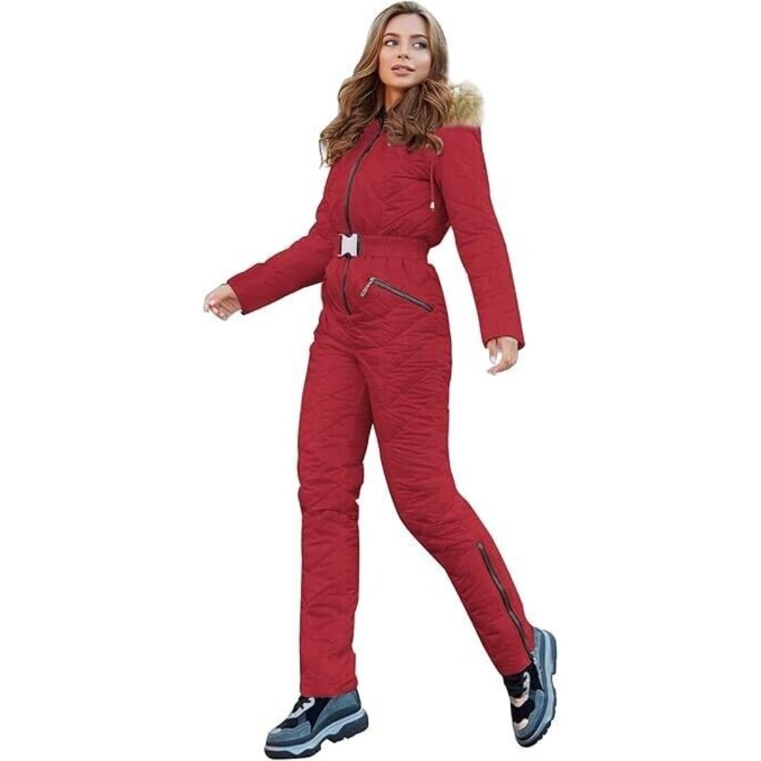 Yousify Womens Winter Ski Suit One Piece Hooded Fur Collar - MEDIUM