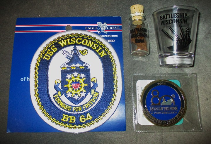 NEW! Battleship USS Wisconsin Patch, Challenge Coin, Shot Glass and Deck Shards