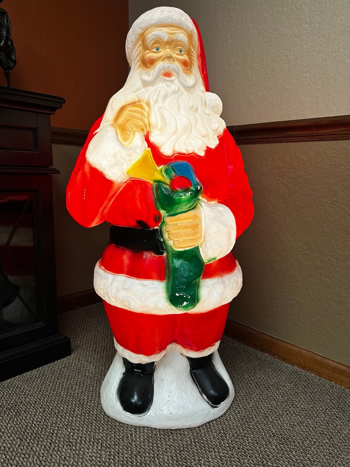 Vintage General Foam Plastics Christmas Santa Claus Green Stocking 40” Blow Mold
