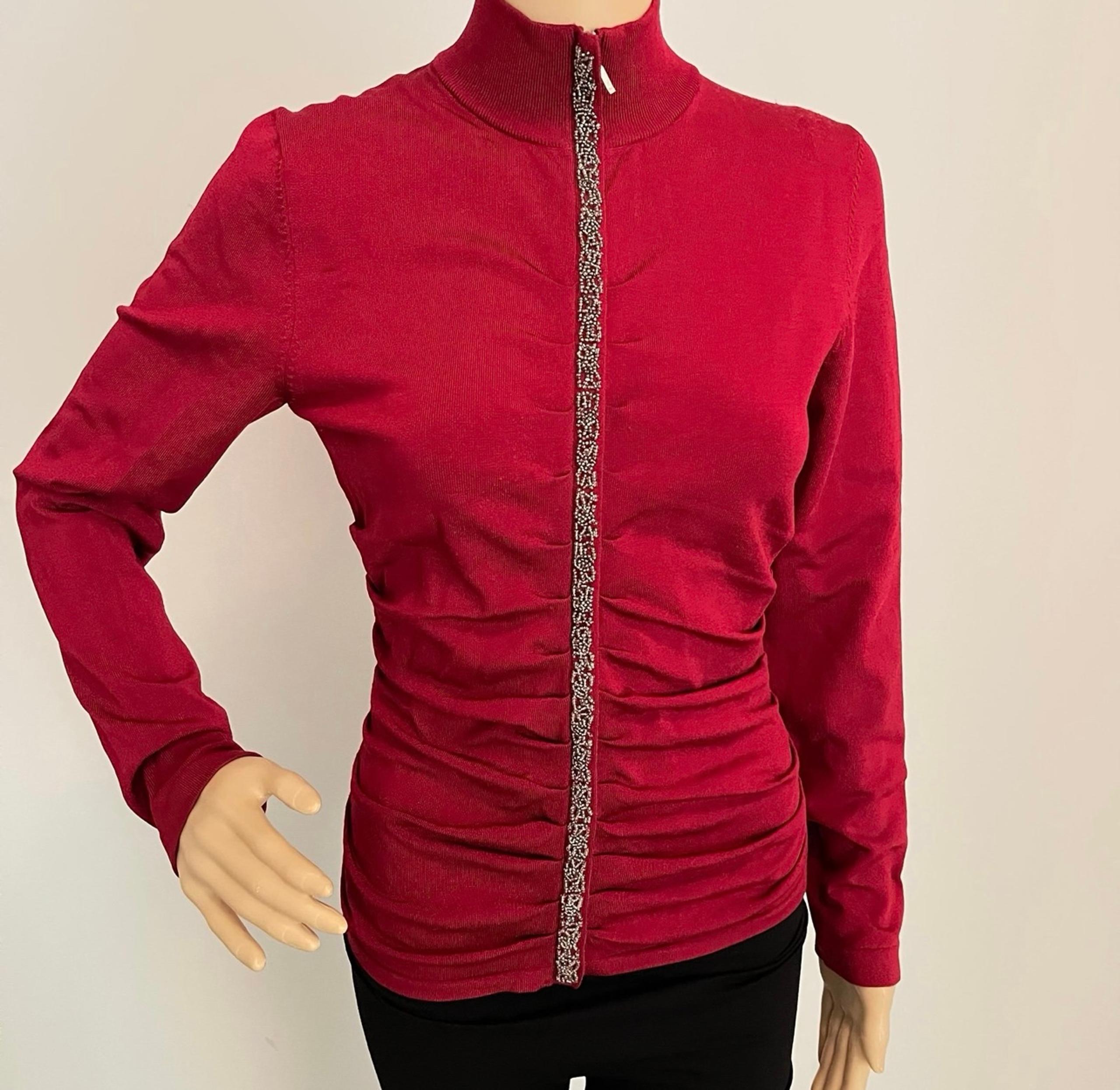 Caché Long Sleeve Turtleneck Red Embellished Ruched Rhinestone Red Zip-up Blouse