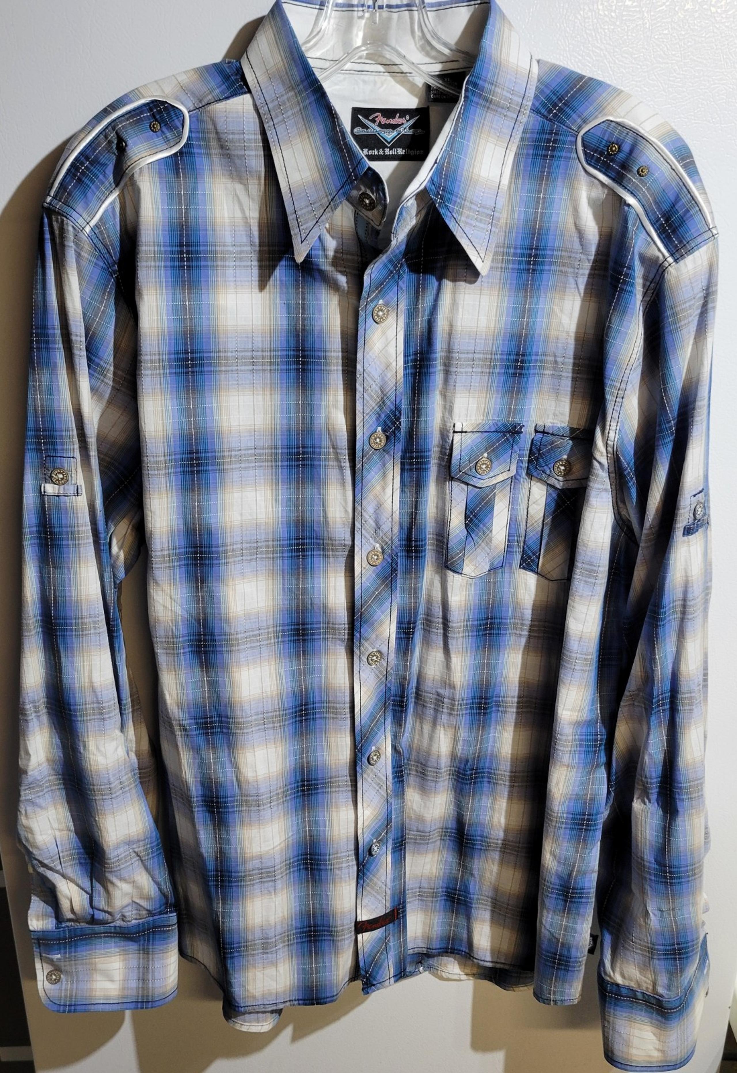Fender Shirt Size XL White Blue Button Up Plaid Cotton Long Sleeve Mens