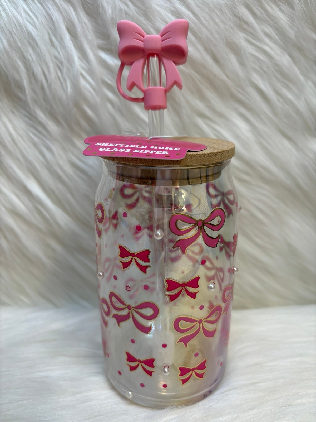 Pink Bows And Pearls Glass Sipper