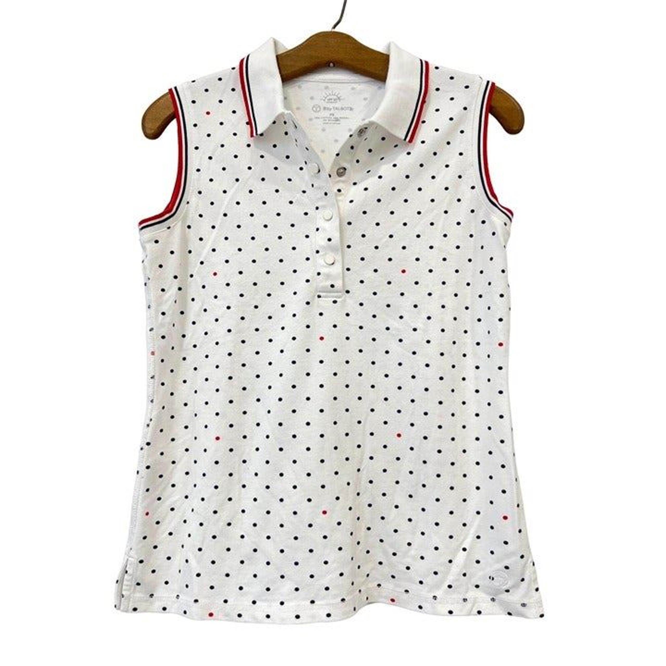 Talbots Polka Dot Snap Front Sleeveless Polo Shirt Womens XS White Cotton Blend