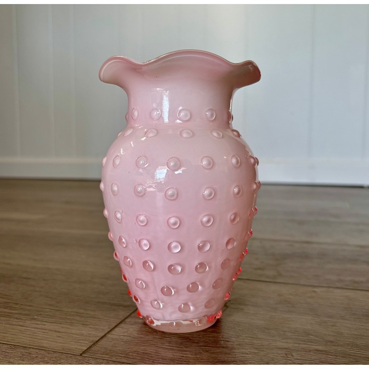 Vintage Fenton Petal Pink & White Cased Glass Hobnail Ruffle Vase 7 in.