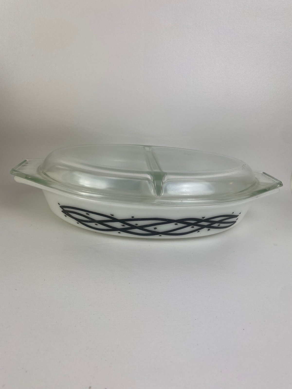 Pyrex Vintage Barb Wired Black White Ribbon Star Divided Glass Dish & Lid