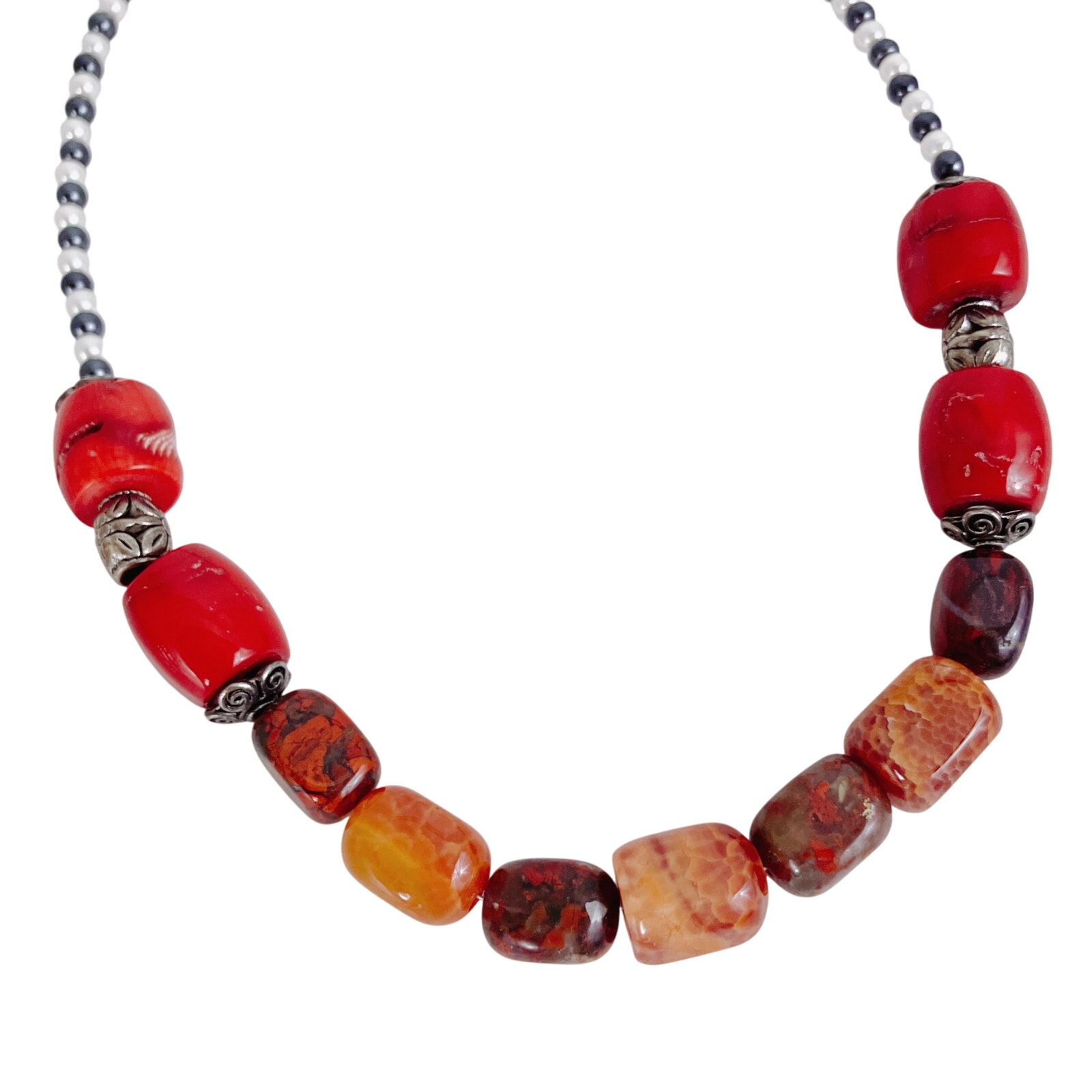 Fire Agate, Red Bamboo Coral Beaded Necklace Boho Tribal Semi-Precious Gemstones