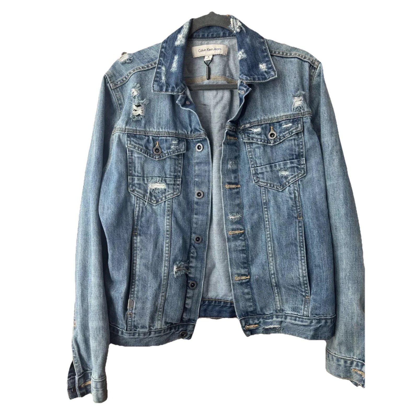 Calvin Klein Women's Distressed Jean Jacket Medium NWOT Western Bohemian Hippie