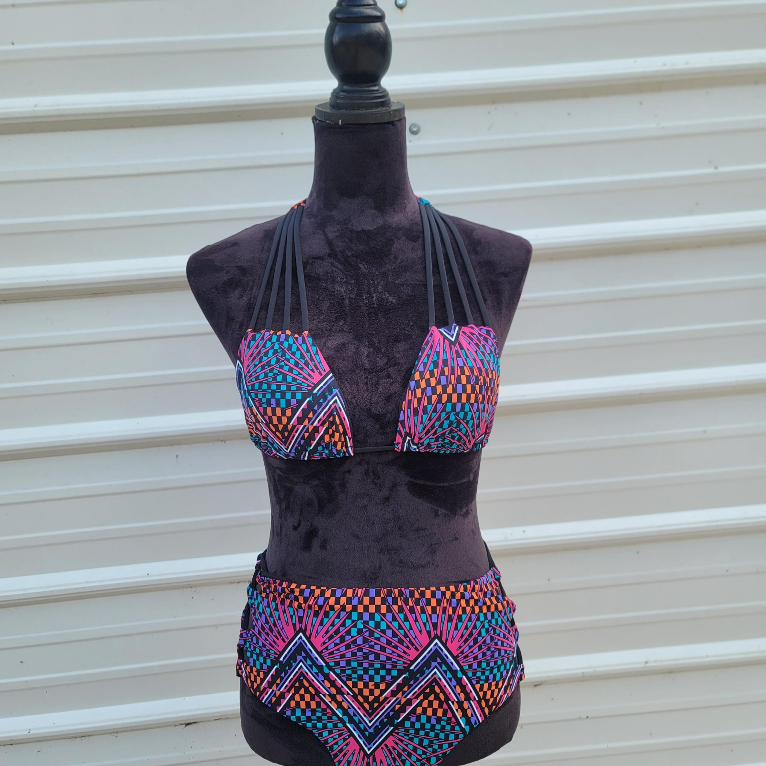NWT Tart Collections Purple Blue Black Print Brynn Lace Up Bikini Bottoms sz L