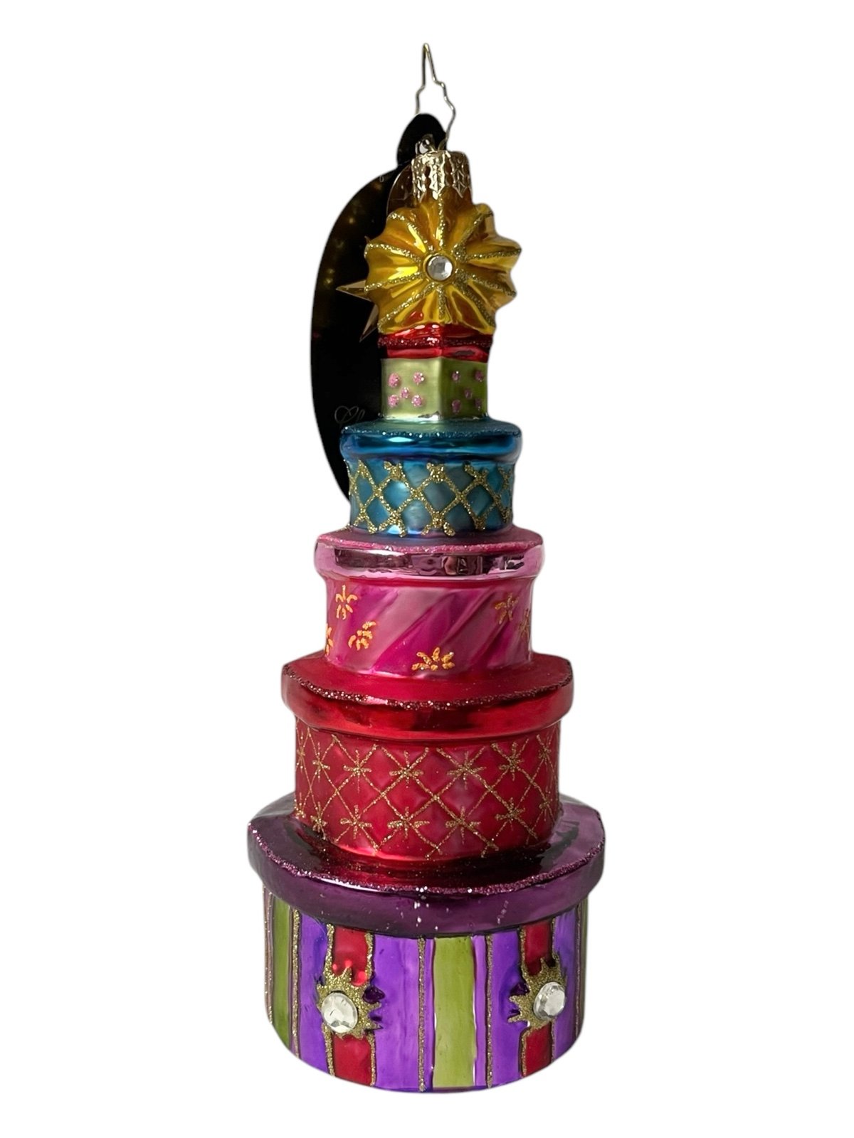 NWT Christopher Radko Holiday Stacked Glass Christmas Colorful Ornament 6” T