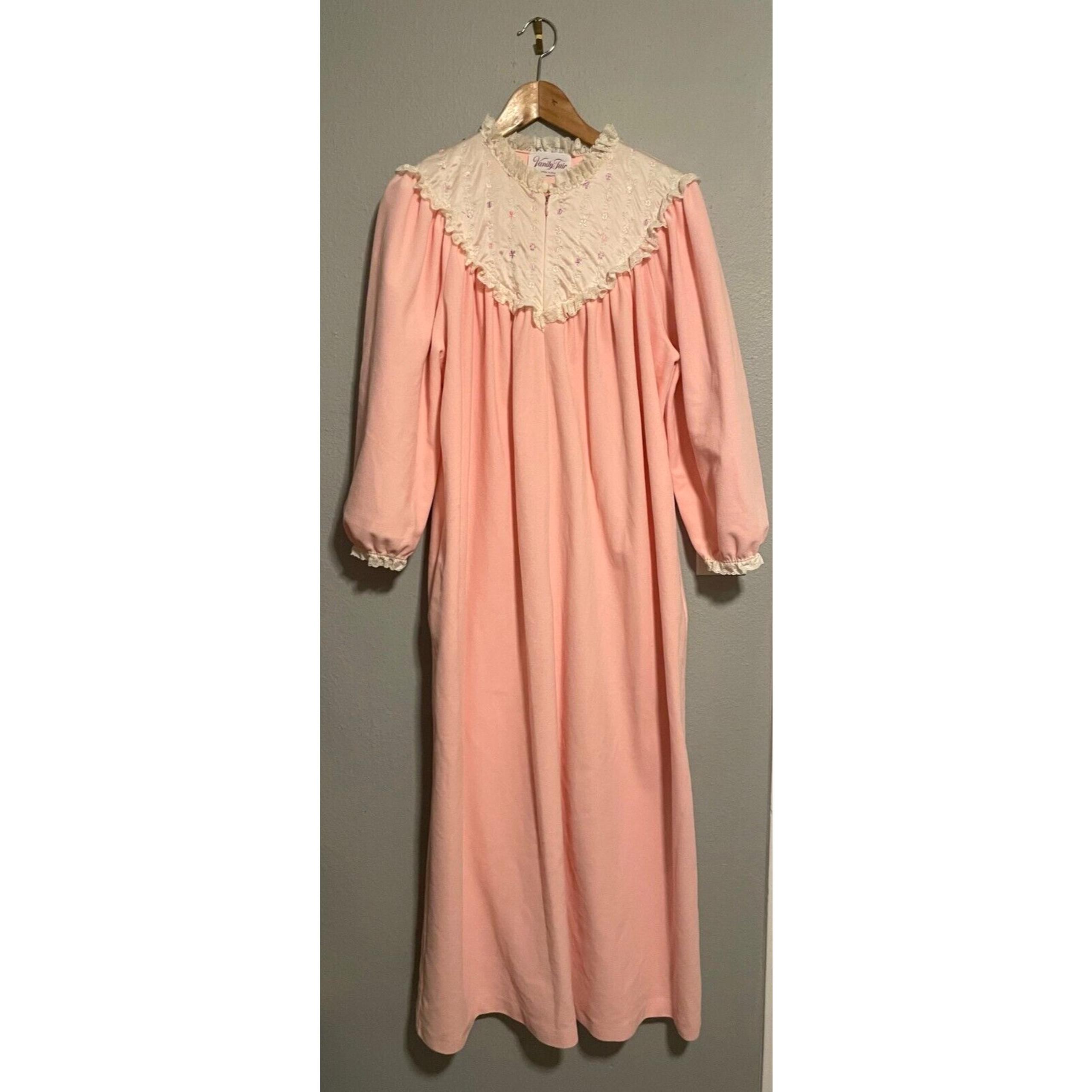 Vintage Vanity Fair Womens Nightgown Medium Pink Fleece Embroidered Princess 80s