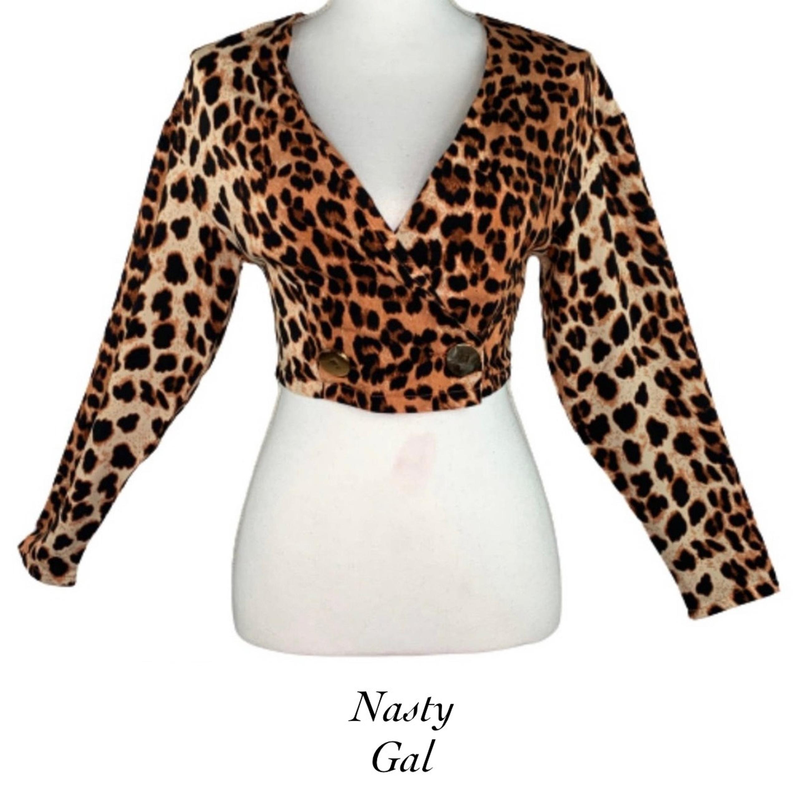 Nasty Gal Leopard Print V Neck Satin Cropped Double Breasted Wrap Blouse Size 0