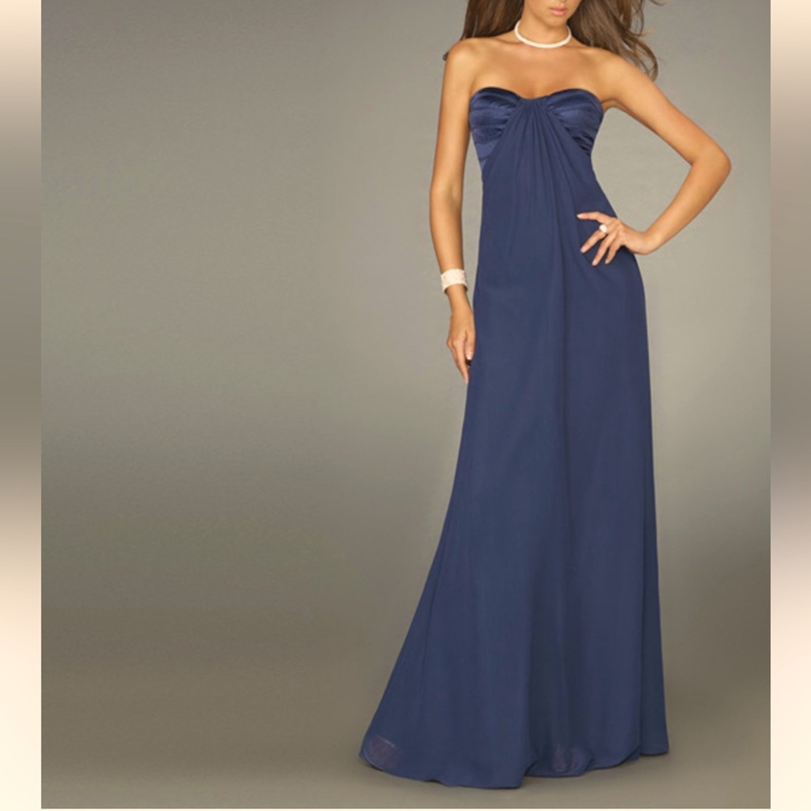 La Femme Blue Satin Strapless Chiffon Gown Womens 8 Formal Prom Maxi Bridesmaid