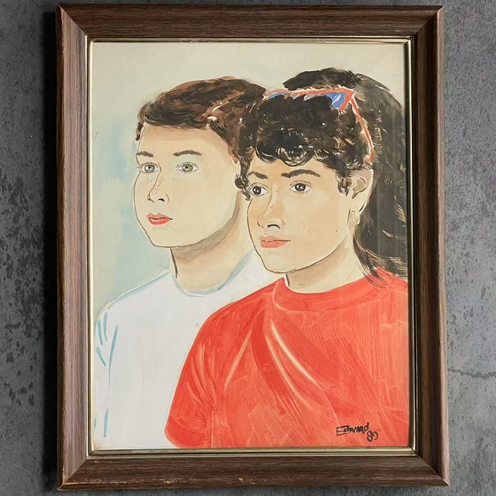 Vintage ’89 Framed Watercolor Portrait by Edmund Original Painting of Two Youths