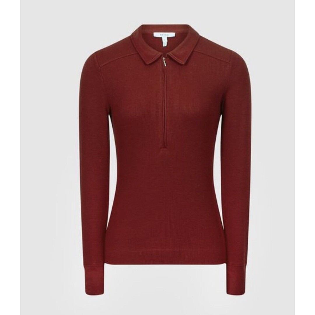 REISS Milina Rib Knitted Half Zip-Up Top Red Size Medium
