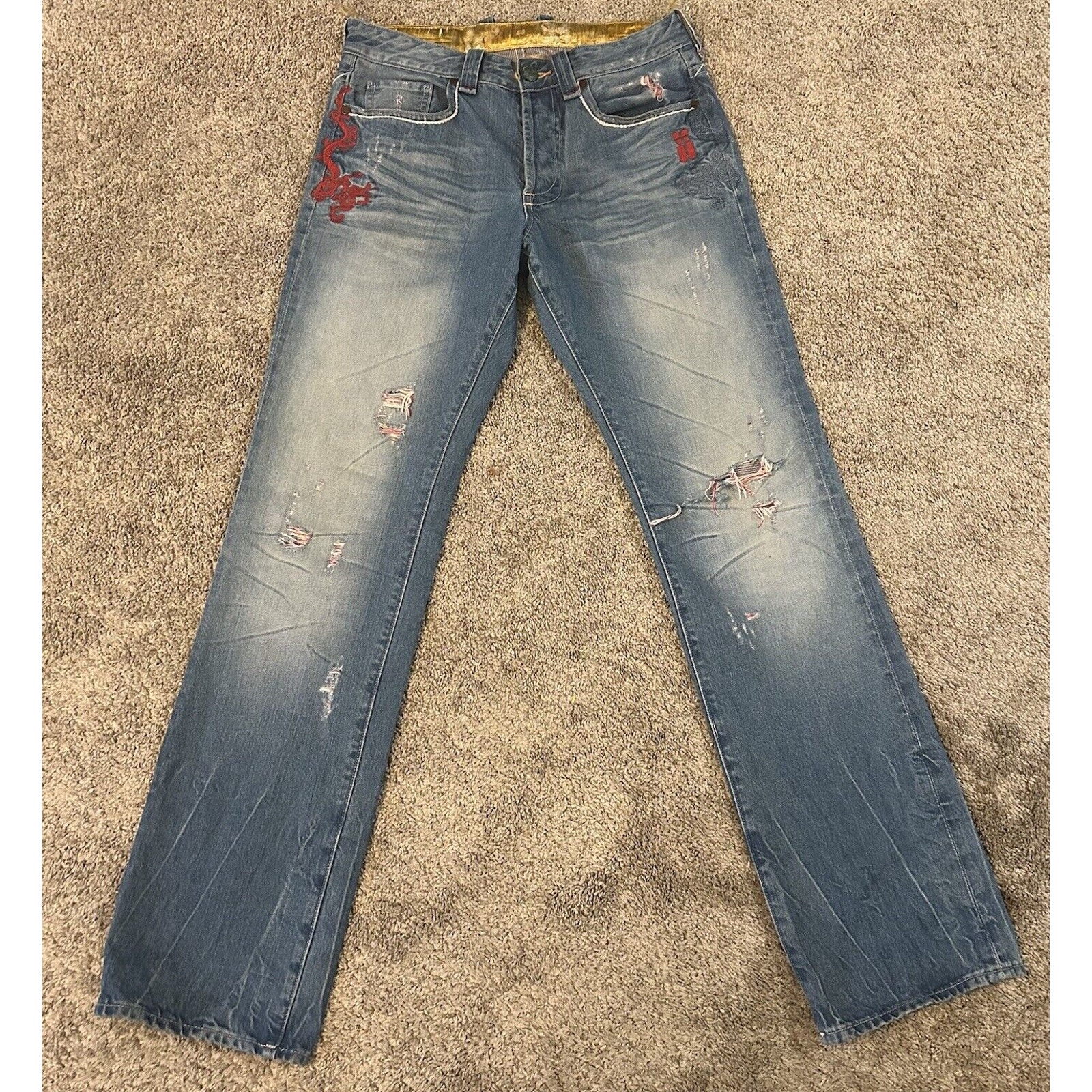 Vintage Chinese Dragon Embroidered Jeans Grunge Skater Asian Mens 31x33 Hip Hop