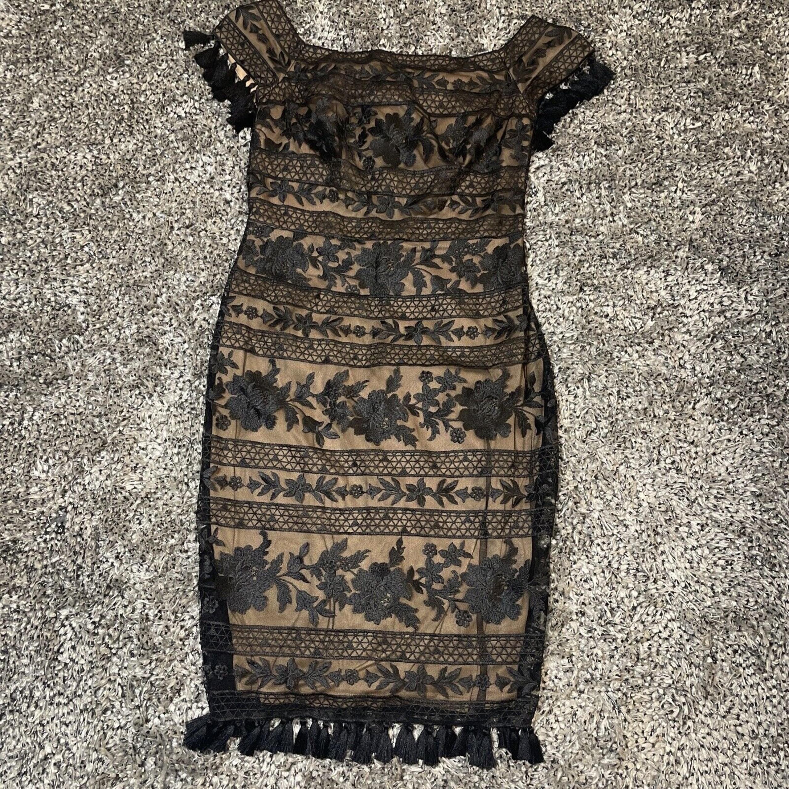 Tadashi Shoji Women's Black The Shoulder Tassel Trim Dress Size 8