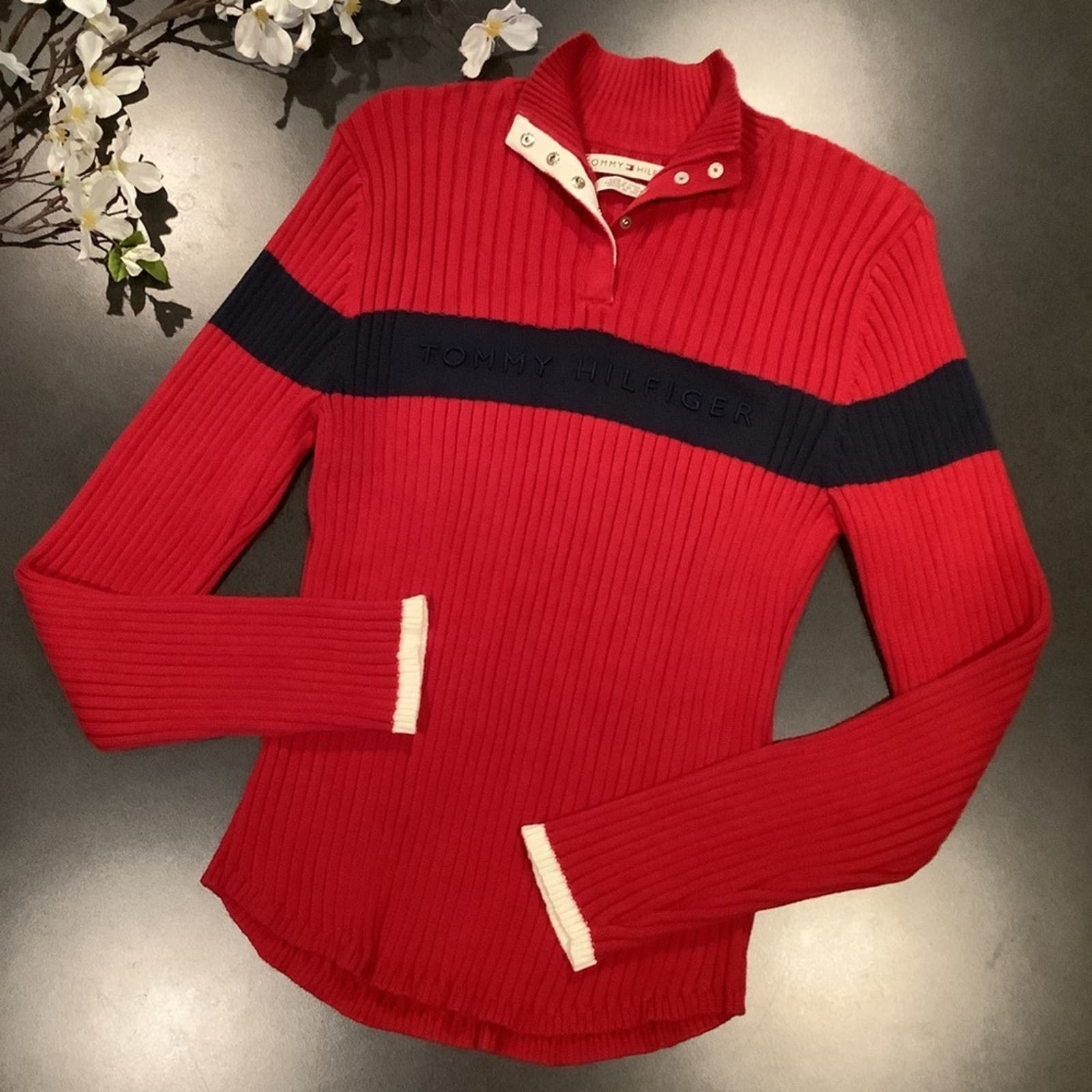 Tommy Hilfiger Ribbed Logo Sweater Mock Henley Snap Neck Stripe Y2K Red Navy