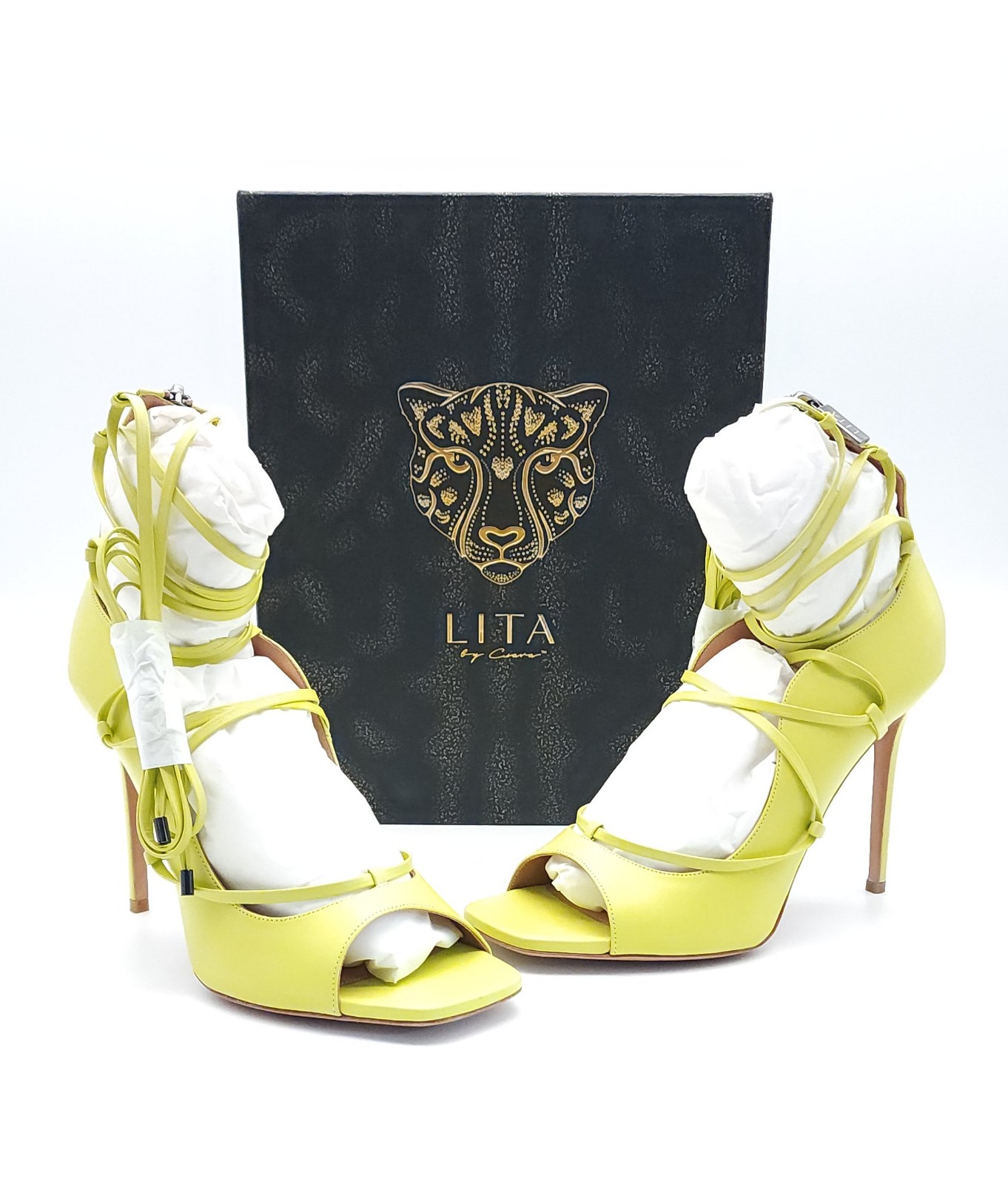 Lita by Ciara Solid Strappy Heeled Italian Leather Sandal Acid Lime