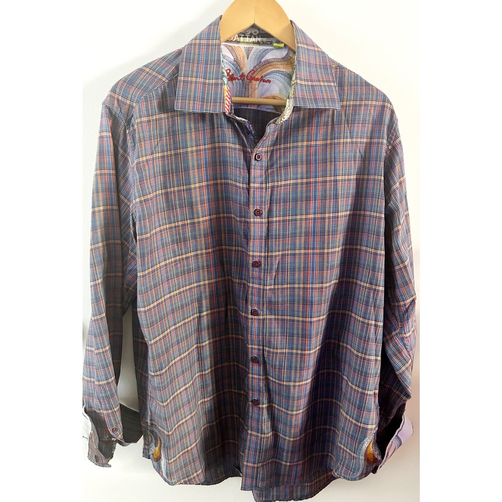 Robert Graham Mens L Embroidered Plaid Shirt Bright Multi Color L/S Flip Cuff
