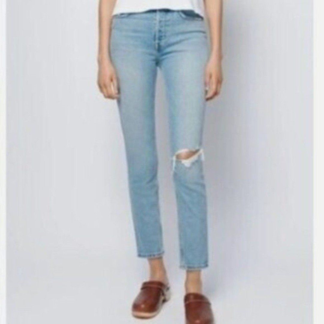 Women Re/Done 90s Worn Blue Destroy High Rise Ankle Crop Slim Fit Size 6