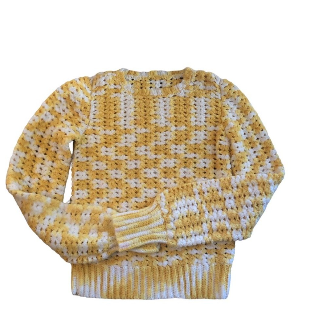 Hand Crochet Crew Neck Sweater Sz. S/M Yellow White Ribbed Cuff Grandma’s Best