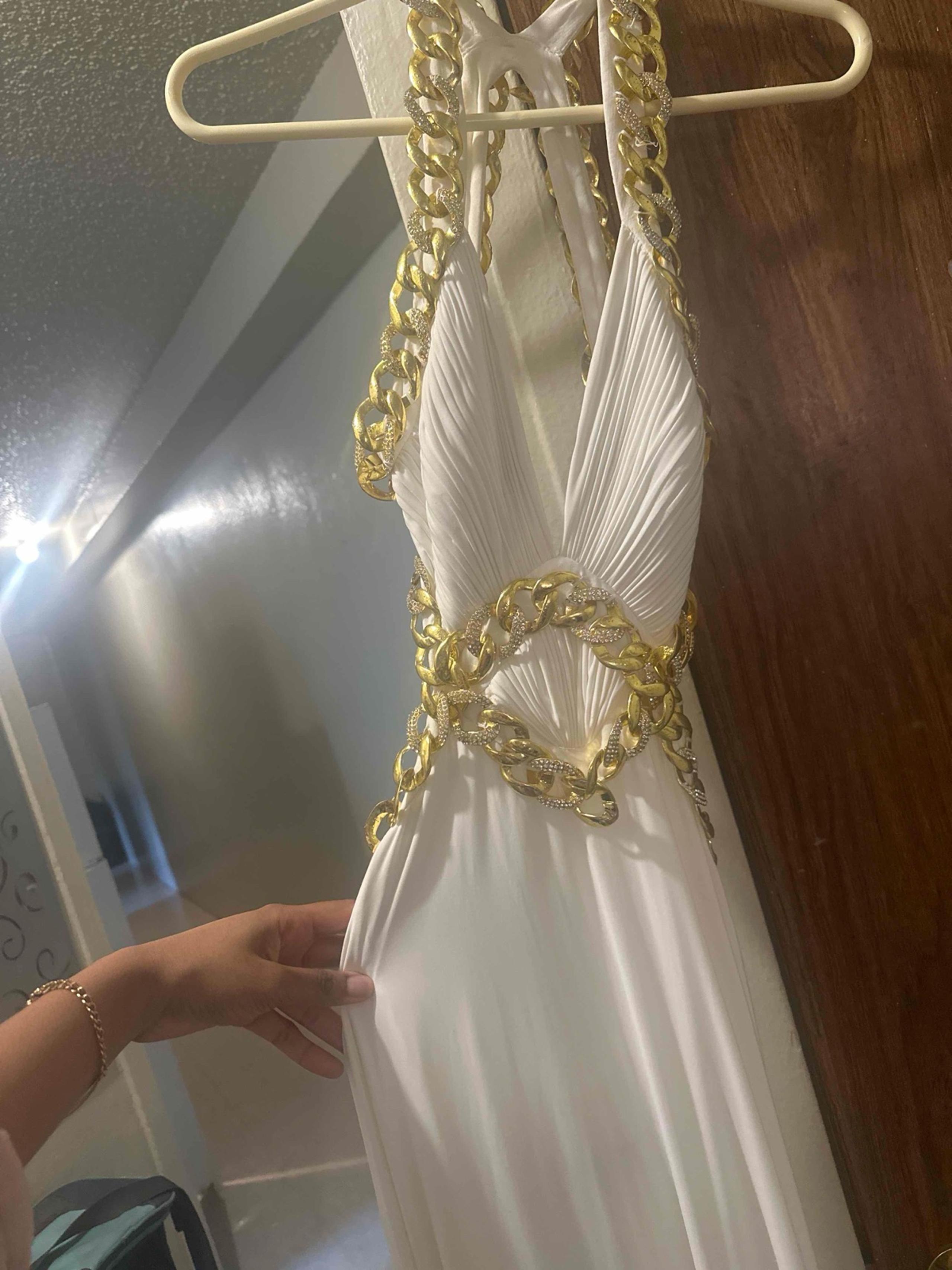 Jovani White and Gold Prom Dress