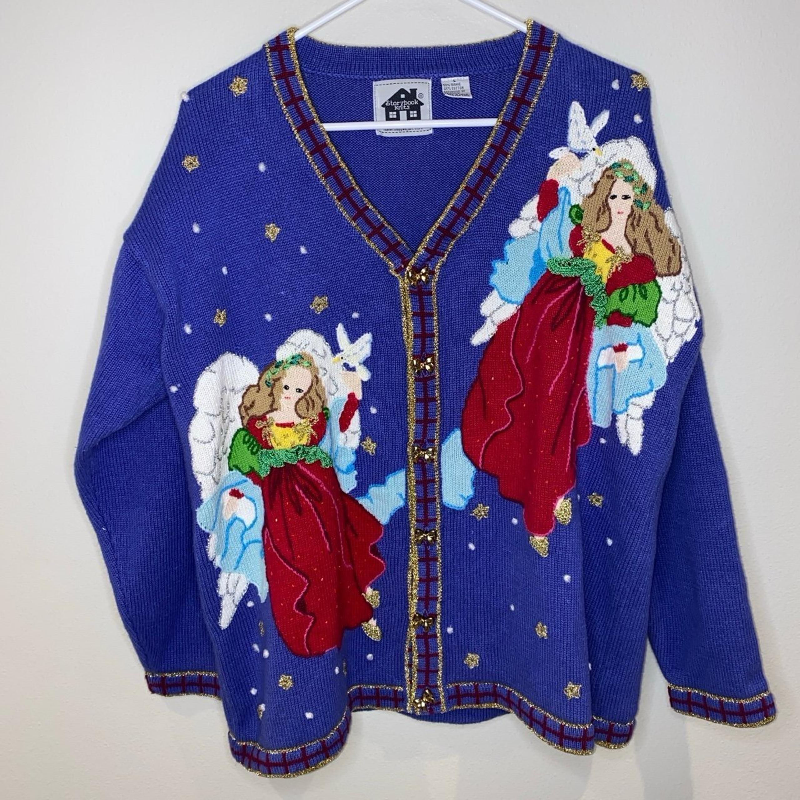 Vintage Storybook Knits Angel Christmas Cardigan Size L