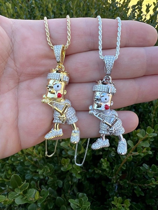 REAL Moissanite Iced Bart Simpson Pendant 925 Silver / 14k Gold Vermeil Passes D REAL Moissanite Iced Bart Simpson Pendant 925 Silver / 14k Gold Vermeil Passes D