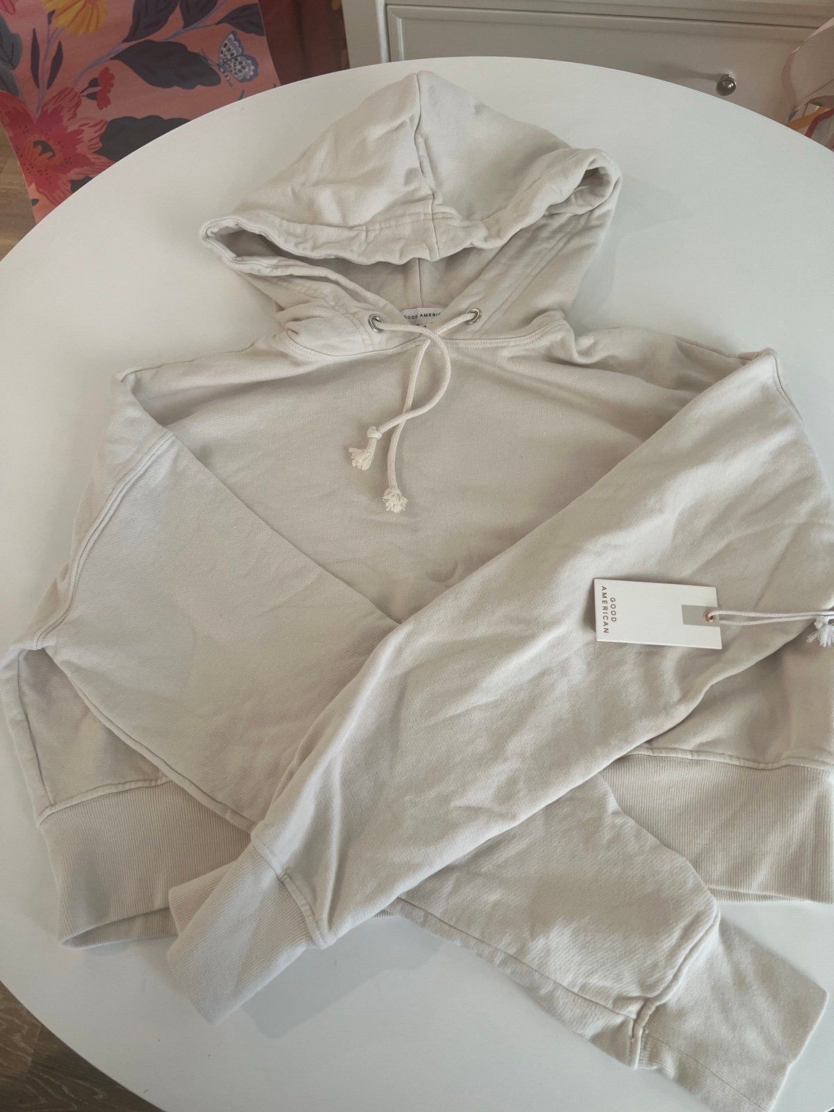 Women’s Good American cream, oversized half-sweatshirt with hoodie, size 2