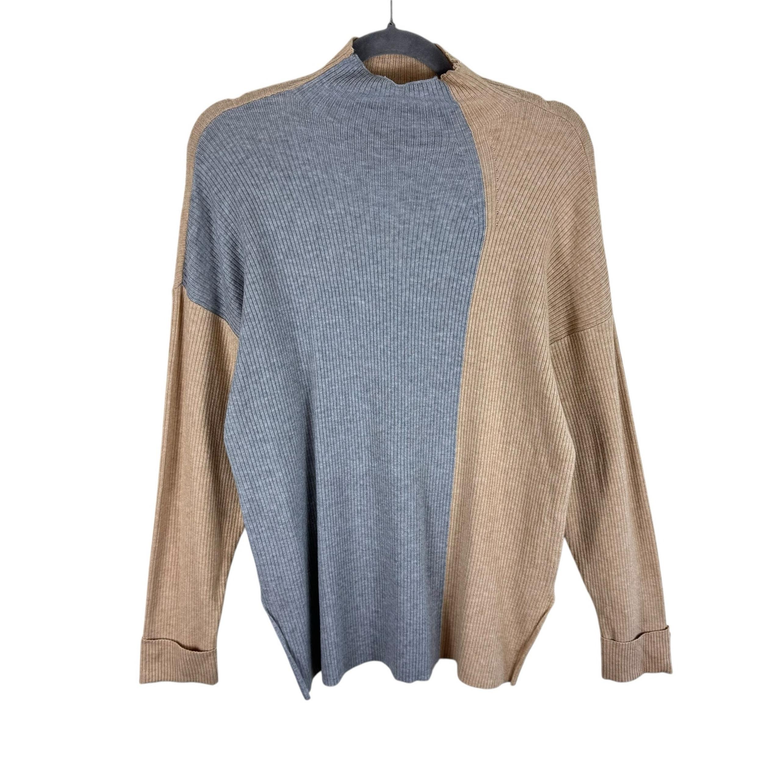 Cara Santana x Nine West Tan Gray Colorblock Lightweight Ribbed Sweater Size M