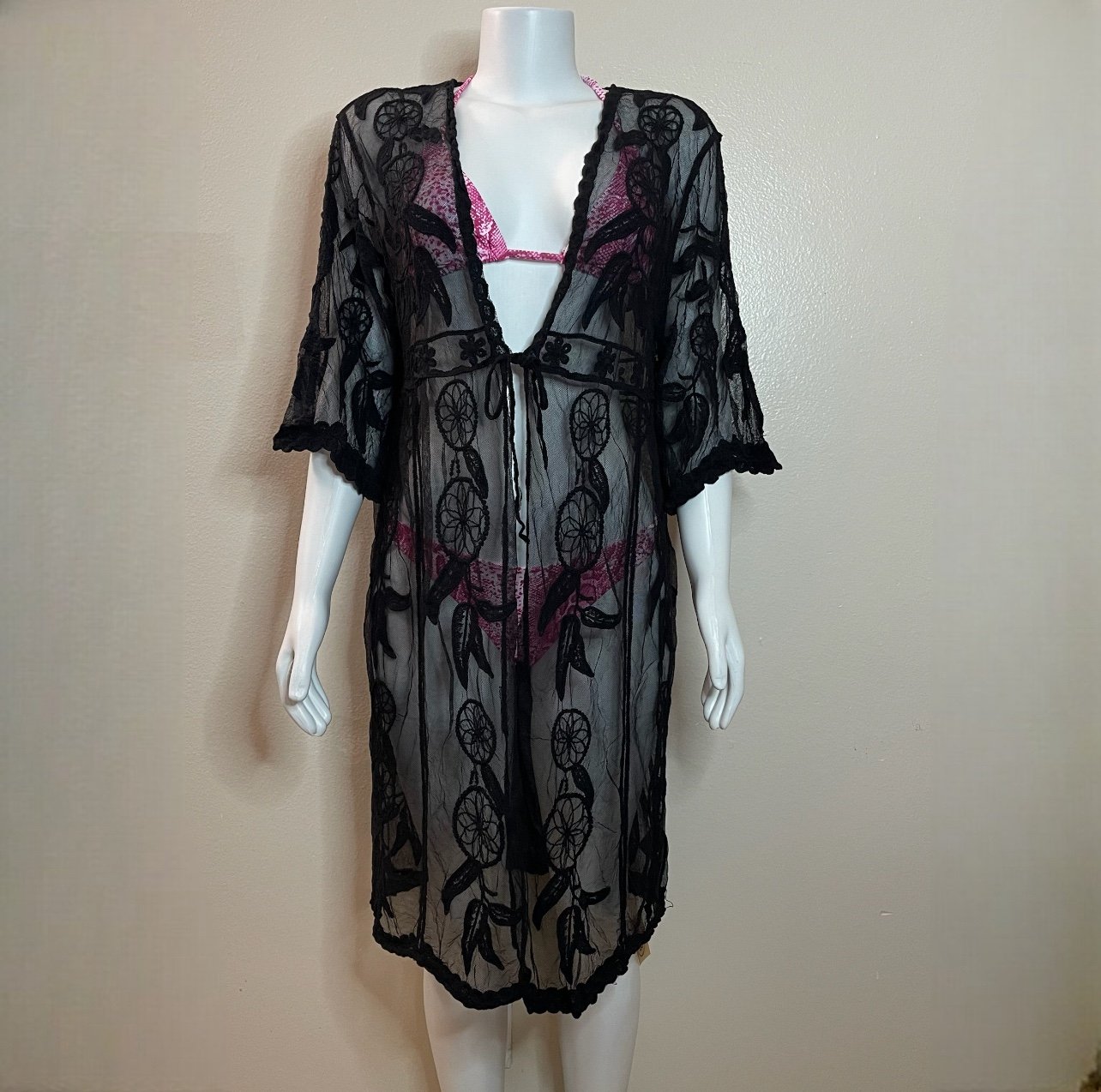 Black embroidered dream catcher lace beach cover up kimono